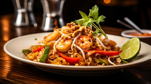 Close-up van een bord Pad Thai met garnalen en groenten