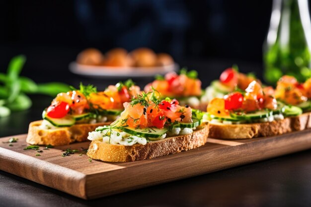 Close-up van een bruschetta met ingelegde komkommers