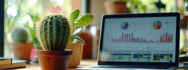 close-up van een cactus bij een laptop in het kantoor