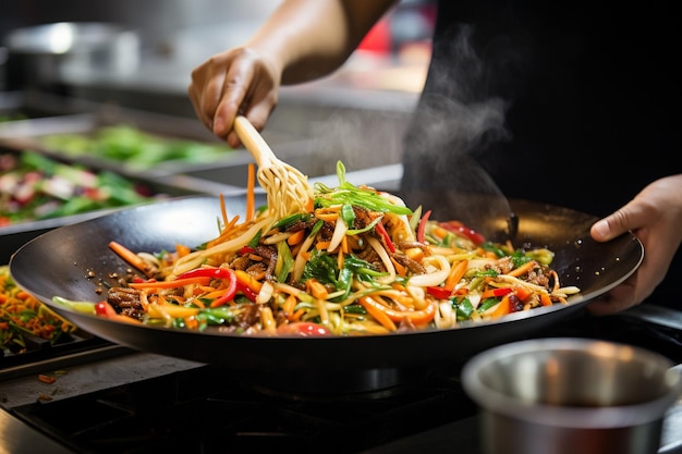 Close-up van een chef-kok die roer friet in een wok