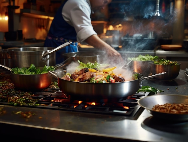 Close-up van een chef-kok in de keuken van een restaurant