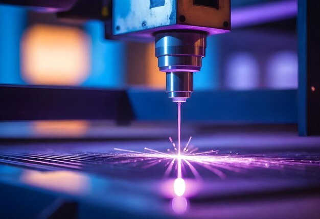 Close-up van een CNC-lasersnijmachine met een blauwviolet laserslag die een materiaal graveert of snijdt