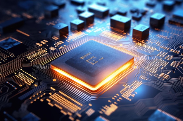 Close-up van een CPU-chip met gloeiende circuits computer verwerkingseenheid CPU met gemarkeerde metaverse Ai gegenereerd