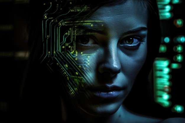 Close-up van een cybernetische vrouw met een neon printplaat overlay
