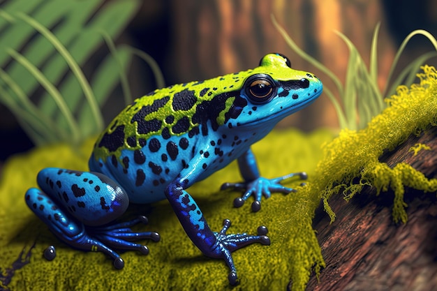 Close-up van een dartkikker Dendrobates tinctorius azureus op mos