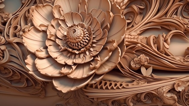 close-up van een decoratieve houten zonnebloem Generatieve ai