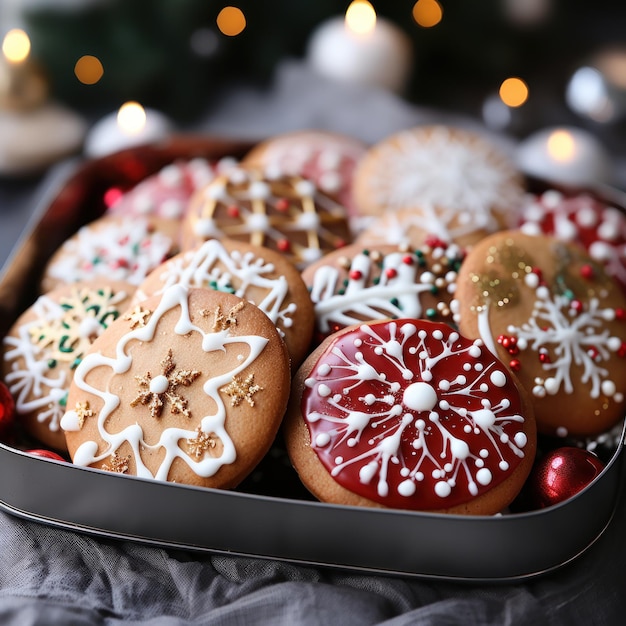 Close-up van een dienblad met prachtig versierde kerstkoekjes