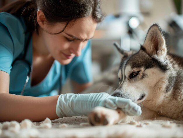 Foto close-up van een dierenarts die een hondenpoot onderzoekt