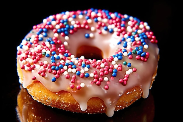Close-up van een donut bestrooid met glazuur en roodblauwe snoepjes Generatieve AI-illustratie