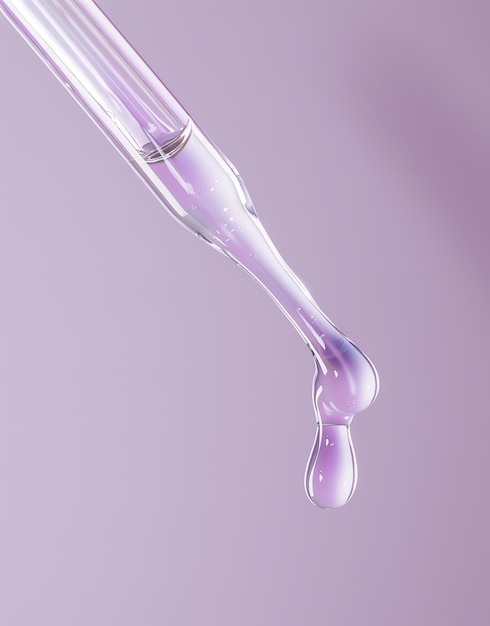 Close-up van een doorzichtige pipette met een helder paarse achtergrond die de zuiverheid van de vloeistof benadrukt