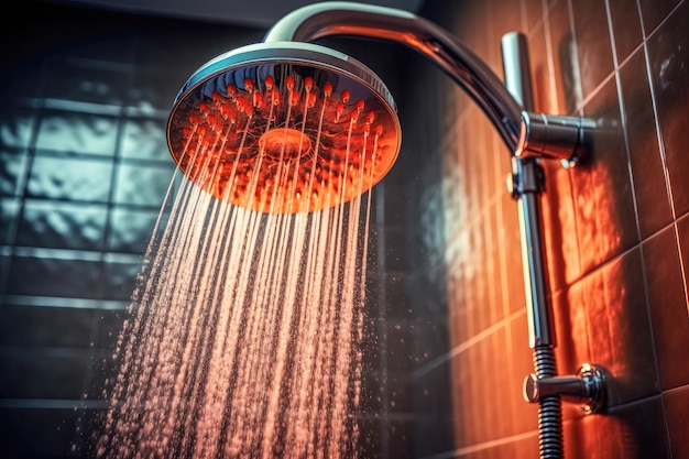 Close-up van een douche in een badkamer waar water uit stroomt