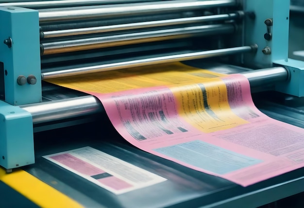 Close-up van een drukpers met bewegend gedrukt materiaal en zichtbare waarschuwingsetiketten