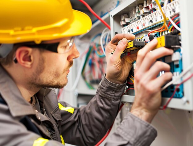 Close-up van een elektricien die aan een paneel werkt