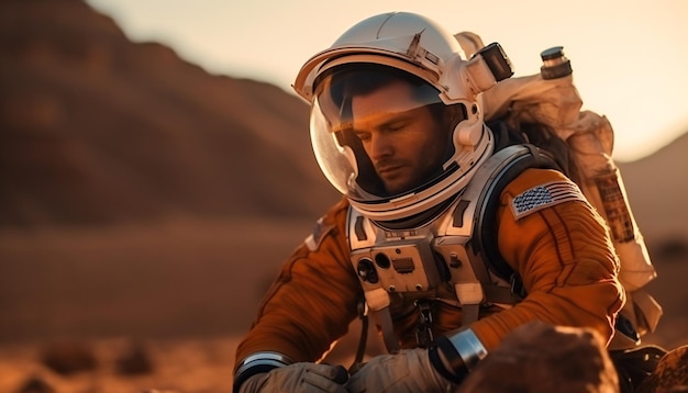 Close-up van een ervaren astronaut die Mars verkent