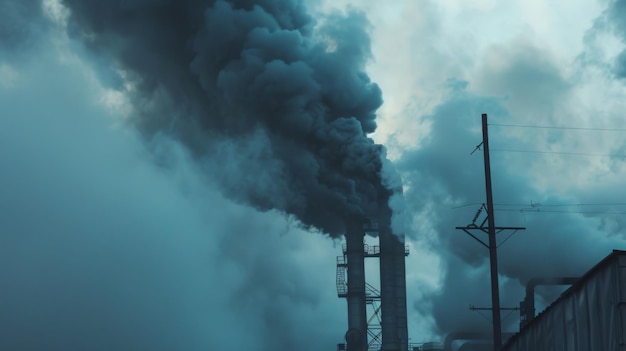 Close-up van een fabriek die giftige rook in de lucht uitstoot en bijdraagt aan de luchtvervuiling