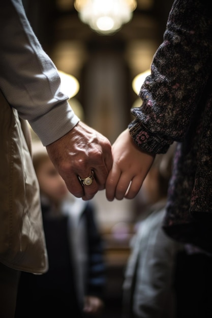 Close-up van een familie hand in hand in de kerk gemaakt met generatieve AI
