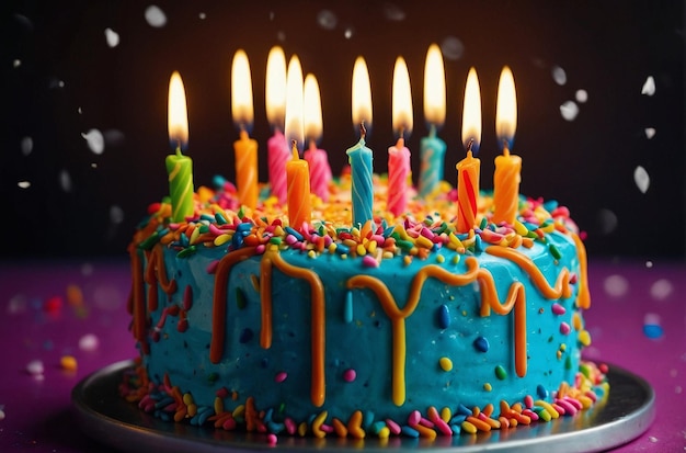 Close-up van een feestelijke verjaardagstaart met levendige besprenkels en brandende kaarsen