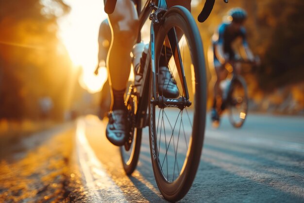 Close-up van een fiets van een groep fietsers op de weg bij zonsondergang