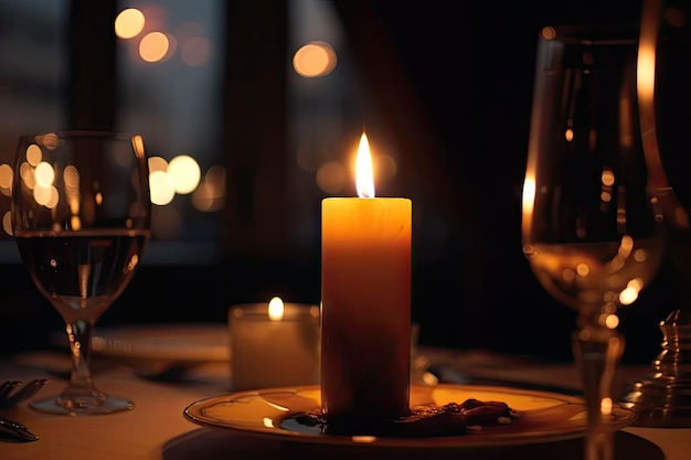 Foto close-up van een flikkerende kaars met uitzicht op een romantisch diner voor twee zichtbaar op de achtergrond