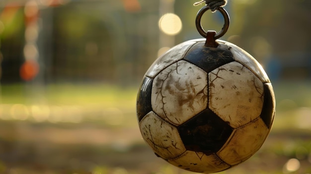 Close-up van een fluitje dat over een voetbal hangt klaar voor de volgende sportwedstrijd op school