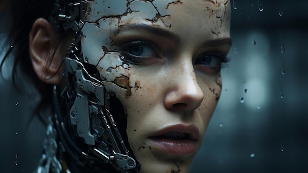 Close-up van een futuristisch robotachtig humanoïde menselijk gezicht met mechanische scifi-dystopie