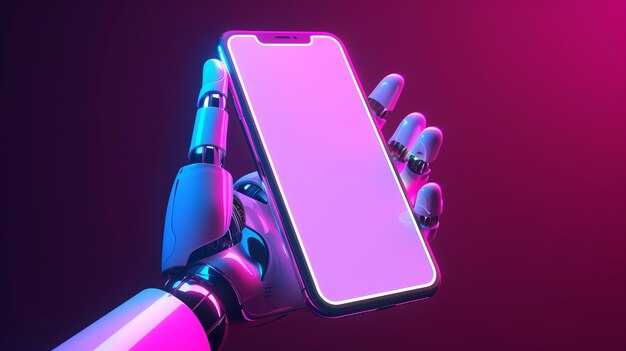 Foto close-up van een futuristische robothand die een smartphone vasthoudt met een leeg scherm en een mobiele telefoon met een blanco scherm