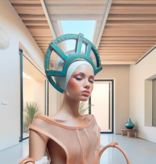 Close-up van een futuristische vrouw in een luxe huis