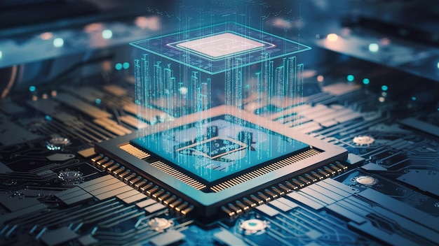 Close-up van een geavanceerde GPU ram microchip of CPU van een krachtige computer