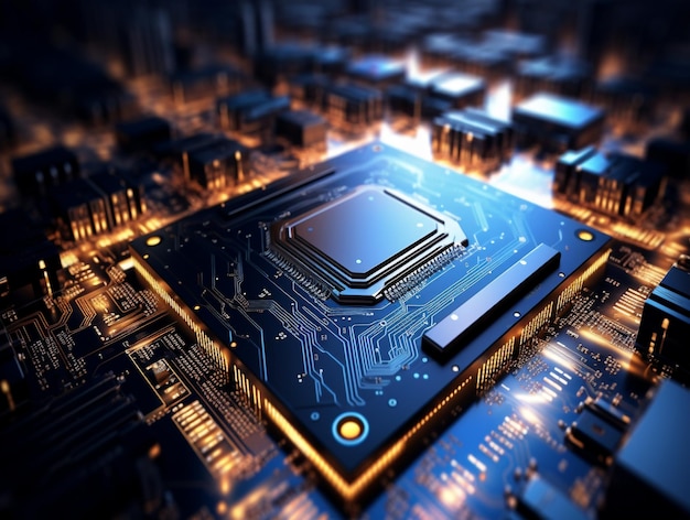 Close-up van een geavanceerde GPU ram microchip of CPU van een krachtige computerbord voor kunstmatige intelligentie