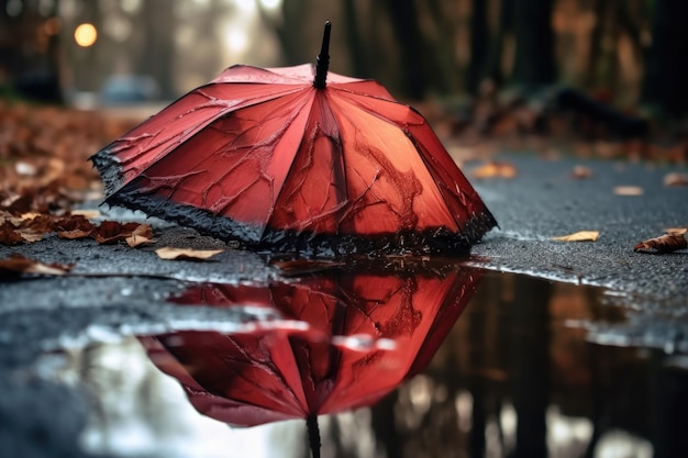 Foto close-up van een gebroken paraplu in een plas gemaakt met generatieve ai