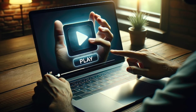 Foto close-up van een gebruiker handen klaar om een video te spelen met een streaming service interface zichtbaar op een laptop scherm