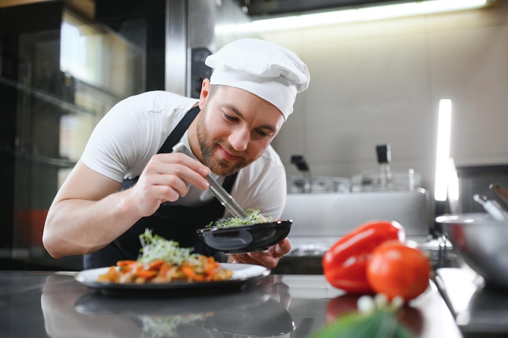 Foto close-up van een geconcentreerde mannelijke chef-kok die voedsel in de keuken garneert