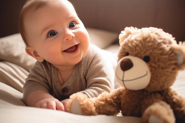 Close-up van een gefascineerde baby die knuffelbeest aanraakt in de woonkamer, giechelende grote ogen vol verwondering