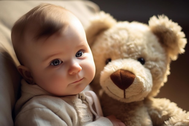 Close-up van een gefascineerde baby die knuffelbeest aanraakt in de woonkamer, giechelende grote ogen vol verwondering