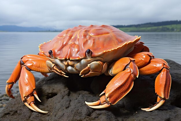 Foto close-up van een gestoomde krab op een rots in het water