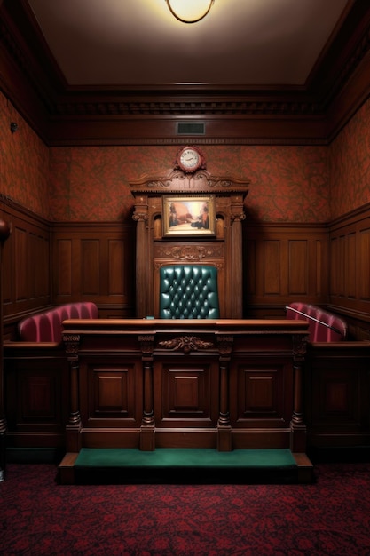 Close-up van een getuigenbank in een rechtszaal gemaakt met generatieve AI