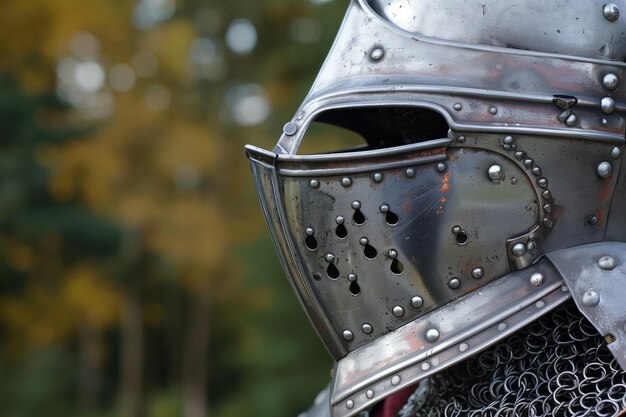 Foto close-up van een gevlochten bascinet op een ridder buiten