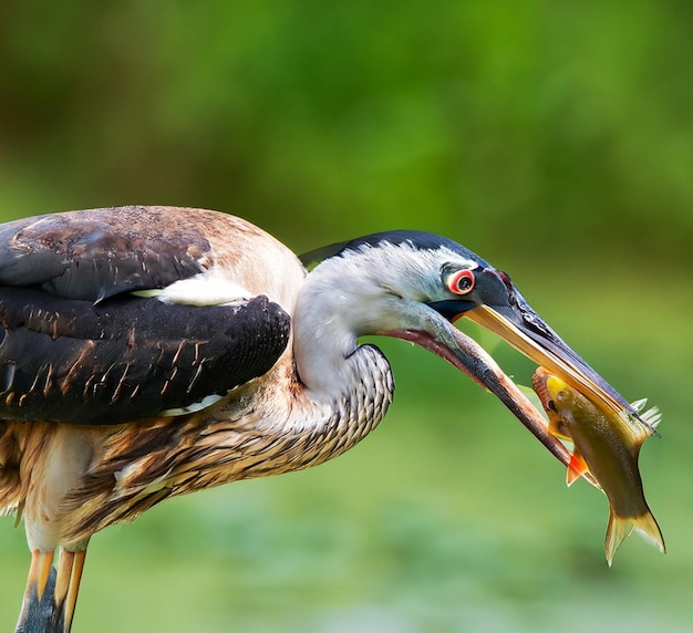 Close-up van een gigantische vogelvangst en eet kleine vissen