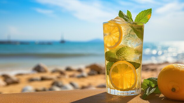 Foto close-up van een glas mojito alcoholische cocktail staande in het zand op een strand