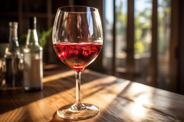 Close-up van een glas rode wijn op een houten tafel met flessen op de achtergrond