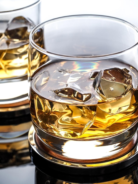 Close-up van een glas whisky op de rotsen op een achtbaan op een reflecterend oppervlak