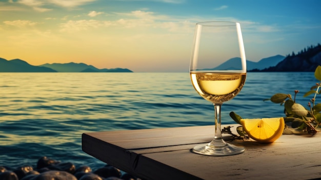 Close-up van een glas witte wijn tegen de achtergrond van de zee Romantisch reisconcept Generatieve AI