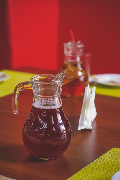 Close-up van een glazen pot op tafel