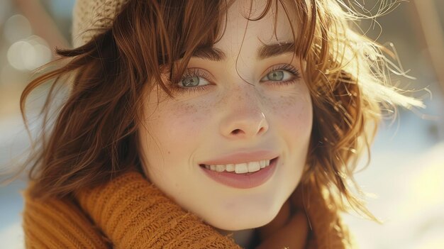 Close-up van een glimlachende vrouw in het winterzonlicht