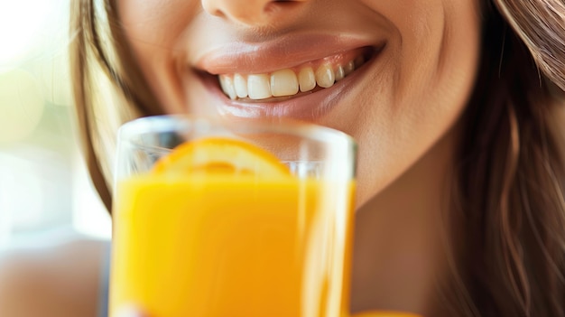 Close-up van een glimlachende vrouw met een glas sinaasappelsap in de hand