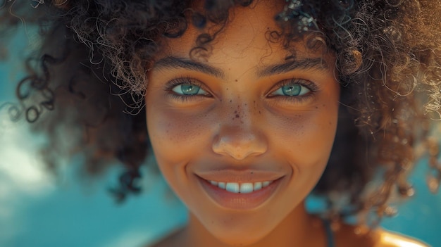 Close-up van een glimlachende vrouw met groene ogen