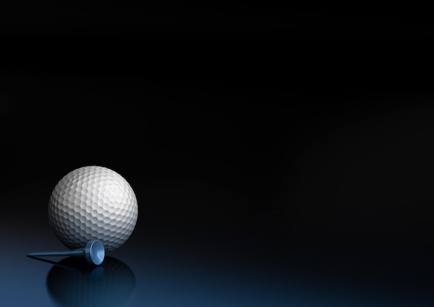 Close-up van een golfbal op een zwarte en blauwe achtergrond, de golfbal bevindt zich linksonder in de afbeelding, er is ruimte voor tekst en reflectie