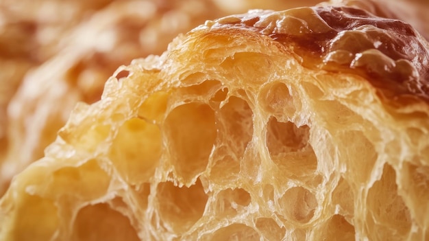 Close-up van een goudbruine croissant met lagen en textuur