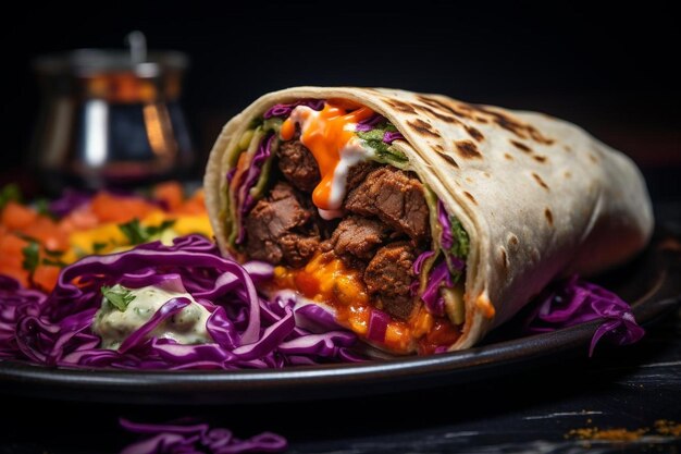 Close-up van een gourmet burrito met kleurrijke ingrediënten.