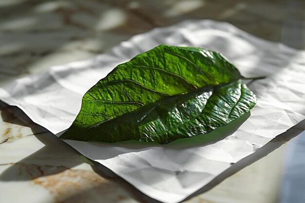 Close-up van een groen blad op een wit vel papier